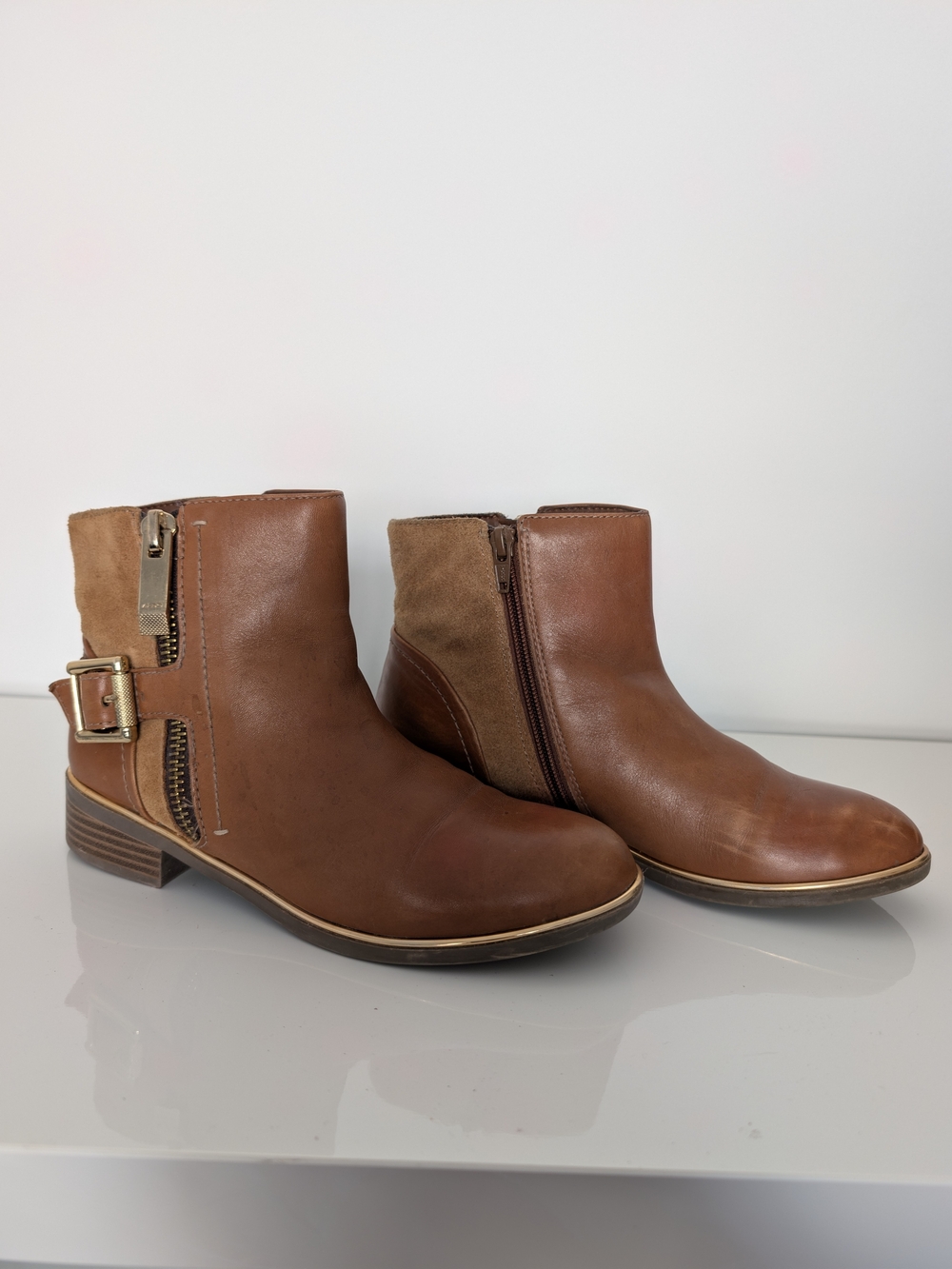 ALDO Brown Leather Suede Buckle Ankle Boots Size 7